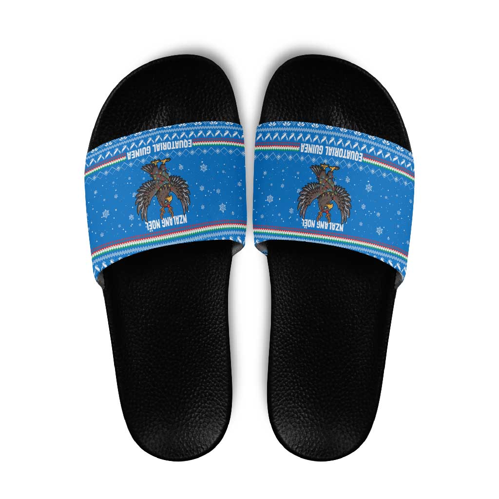 Equatorial Guinea Christmas Slide Sandals with Nzalang Noel Eagle Flag Snowflakes and Blue Holiday - Wonder Print Shop