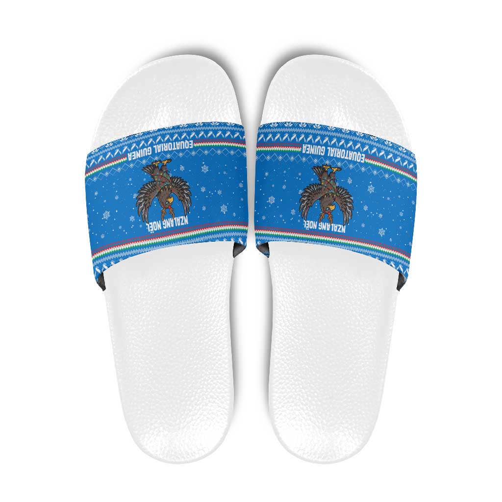 Equatorial Guinea Christmas Slide Sandals with Nzalang Noel Eagle Flag Snowflakes and Blue Holiday - Wonder Print Shop