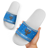 Equatorial Guinea Christmas Slide Sandals with Nzalang Noel Eagle Flag Snowflakes and Blue Holiday - Wonder Print Shop