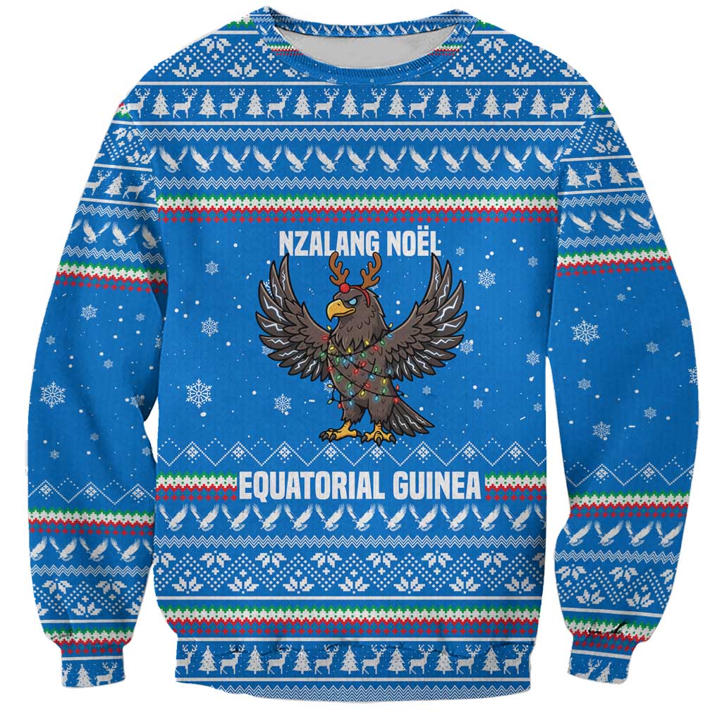 Equatorial Guinea Christmas Sweatshirt with Nzalang Noel Eagle Flag Snowflakes and Blue Holiday - Wonder Print Shop