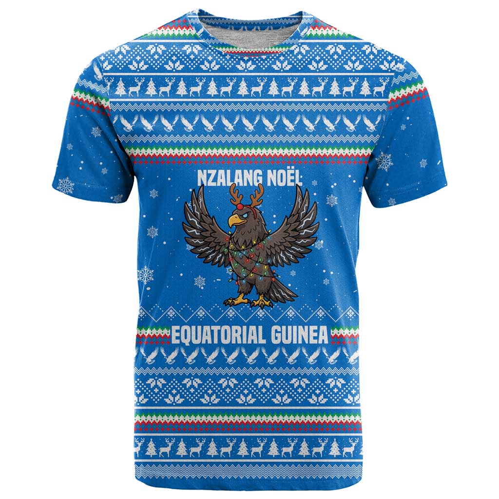 Equatorial Guinea Christmas T Shirt with Nzalang Noel Eagle Flag Snowflakes and Blue Holiday - Wonder Print Shop