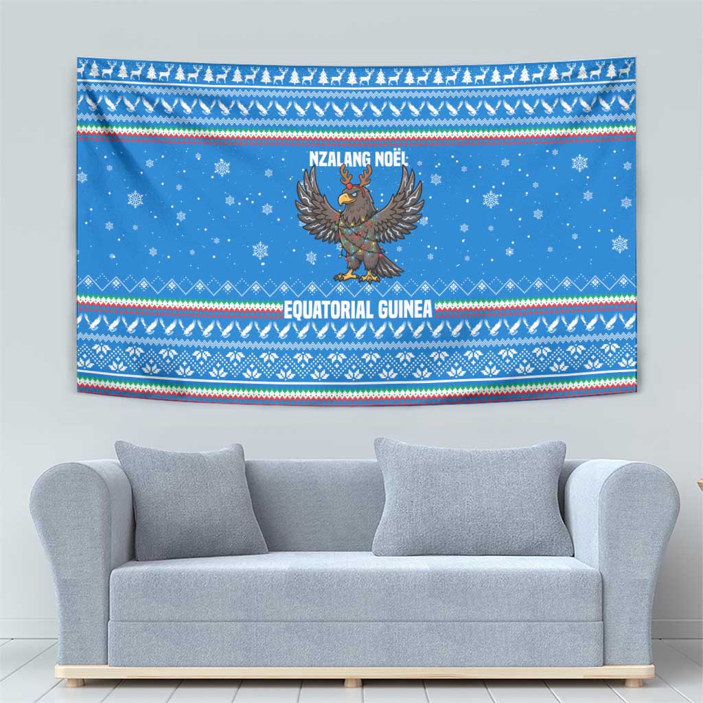 Equatorial Guinea Christmas Tapestry with Nzalang Noel Eagle Flag Snowflakes and Blue Holiday - Wonder Print Shop