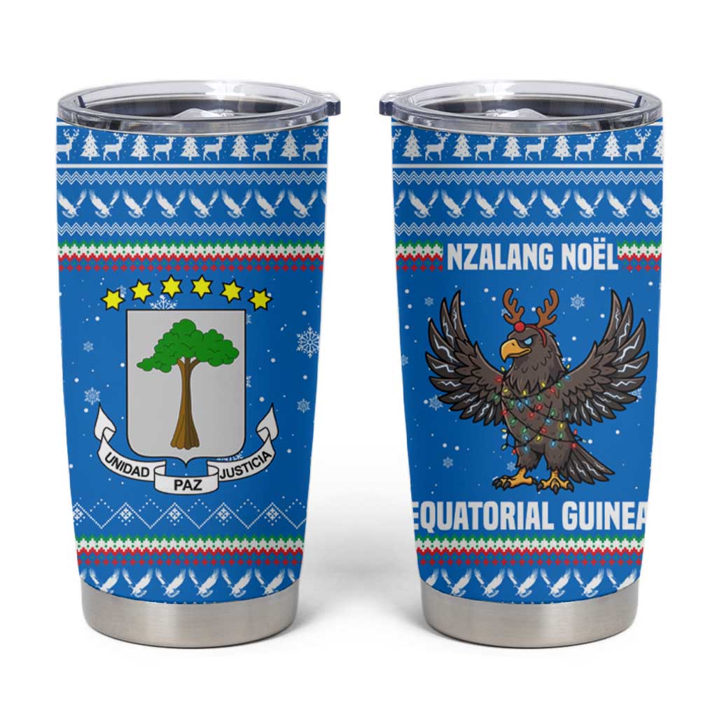 Equatorial Guinea Christmas Tumbler Cup with Nzalang Noel Eagle Flag Snowflakes and Blue Holiday - Wonder Print Shop