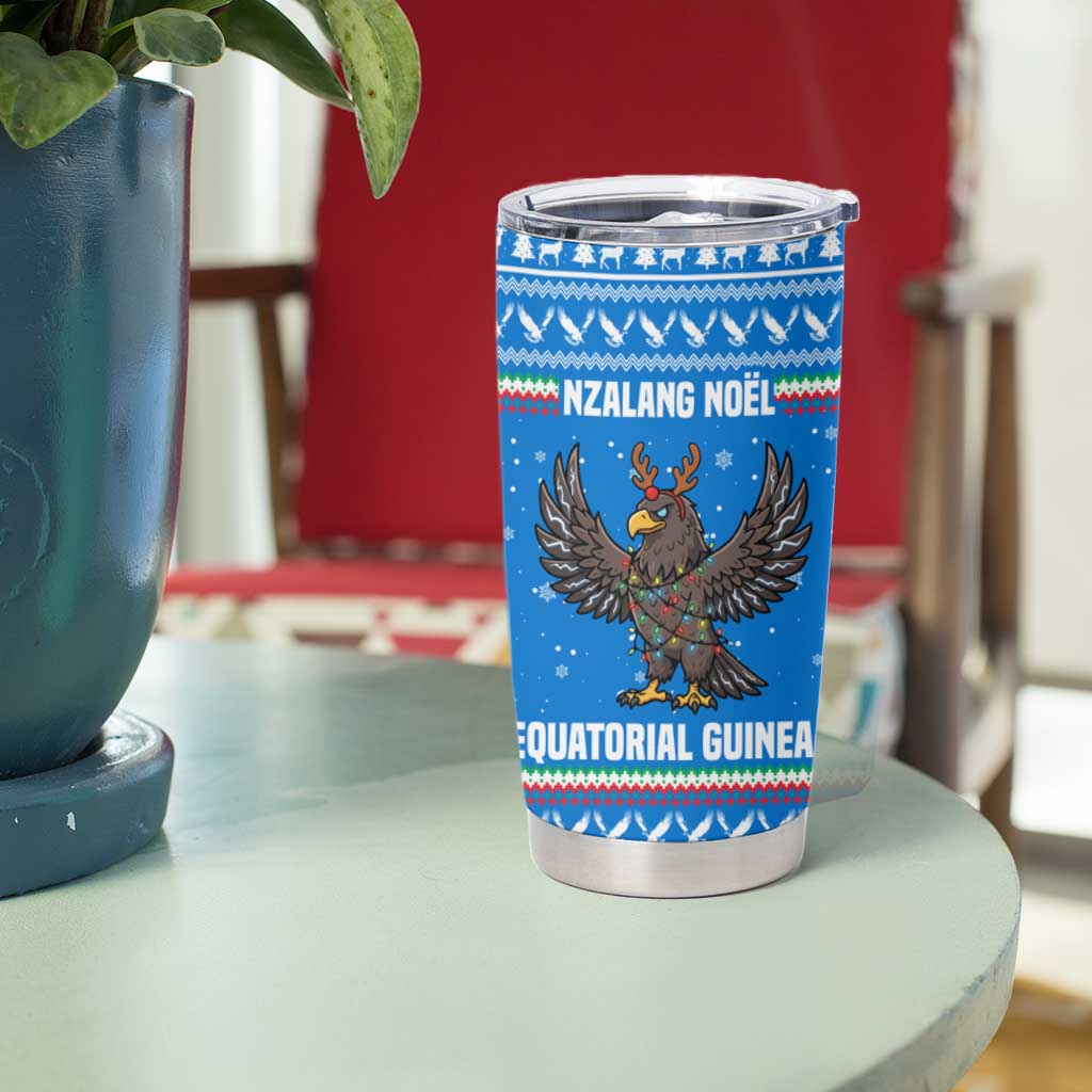 Equatorial Guinea Christmas Tumbler Cup with Nzalang Noel Eagle Flag Snowflakes and Blue Holiday - Wonder Print Shop