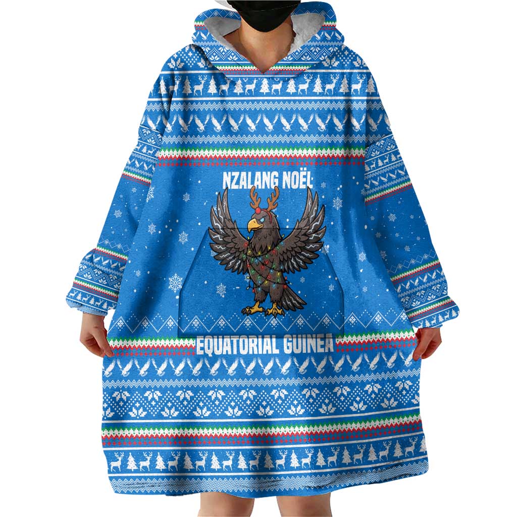 Equatorial Guinea Christmas Wearable Blanket Hoodie with Nzalang Noel Eagle Flag Snowflakes and Blue Holiday - Wonder Print Shop