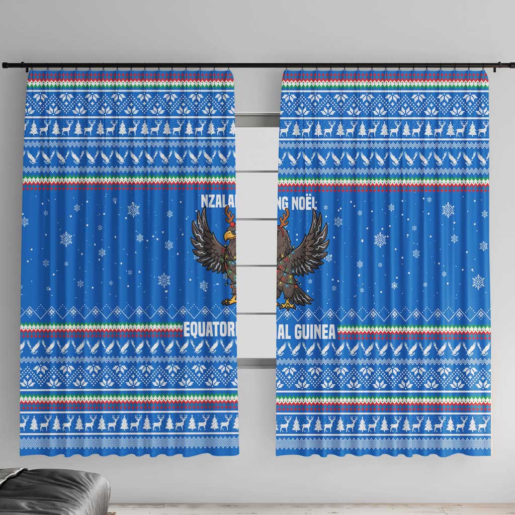 Equatorial Guinea Christmas Window Curtain with Nzalang Noel Eagle Flag Snowflakes and Blue Holiday - Wonder Print Shop