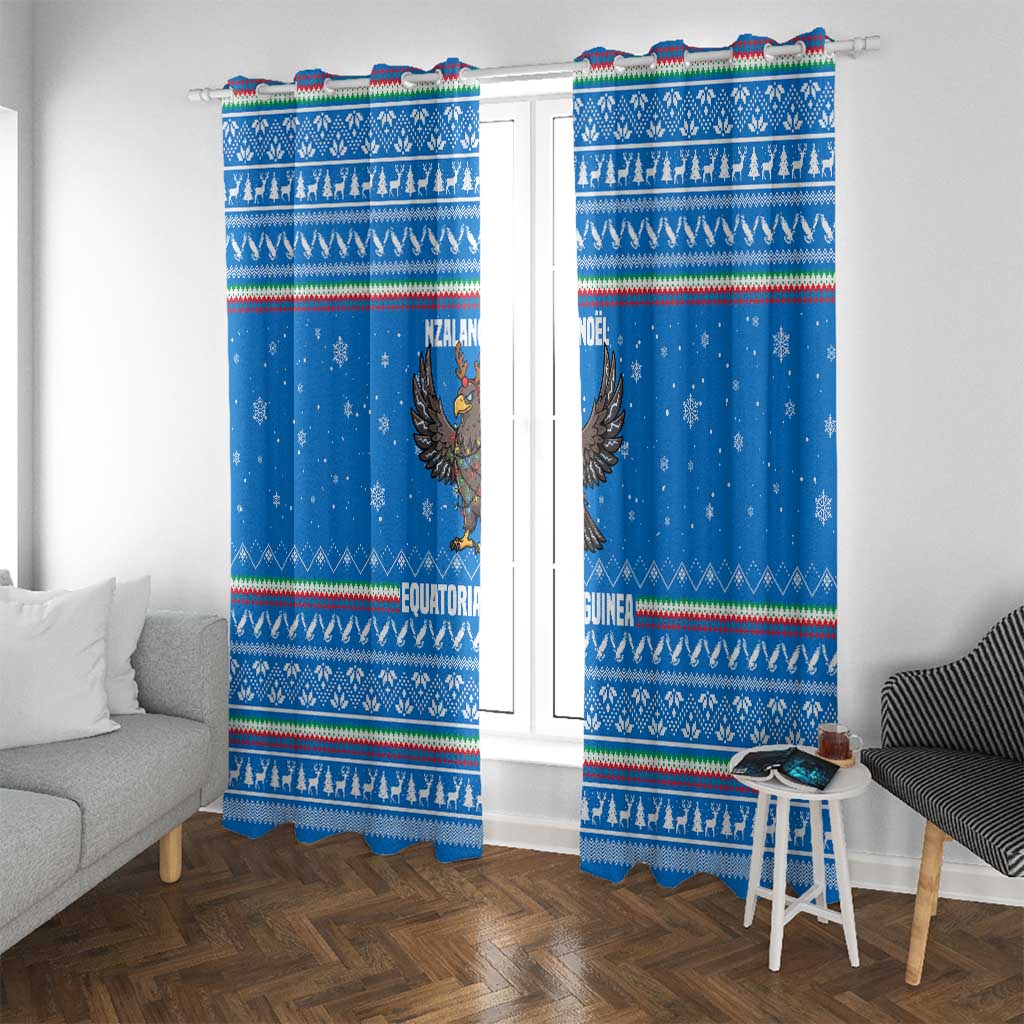 Equatorial Guinea Christmas Window Curtain with Nzalang Noel Eagle Flag Snowflakes and Blue Holiday - Wonder Print Shop