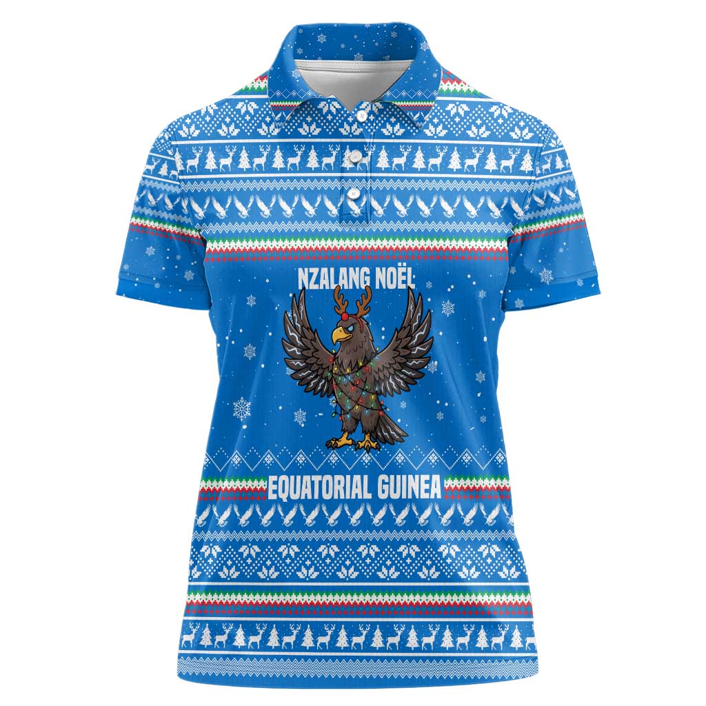Equatorial Guinea Christmas Women Polo Shirt with Nzalang Noel Eagle Flag Snowflakes and Blue Holiday - Wonder Print Shop