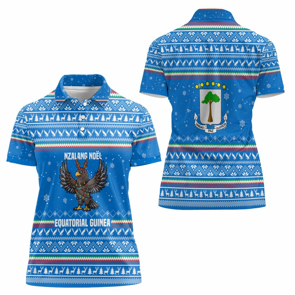 Equatorial Guinea Christmas Women Polo Shirt with Nzalang Noel Eagle Flag Snowflakes and Blue Holiday - Wonder Print Shop