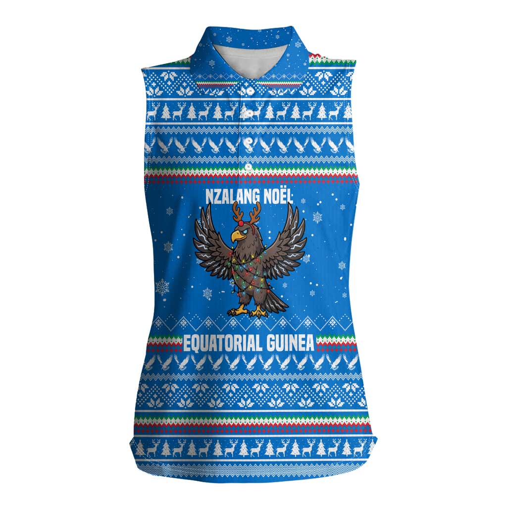 Equatorial Guinea Christmas Women Sleeveless Polo Shirt with Nzalang Noel Eagle Flag Snowflakes and Blue Holiday - Wonder Print Shop