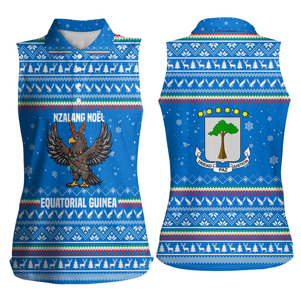 Equatorial Guinea Christmas Women Sleeveless Polo Shirt with Nzalang Noel Eagle Flag Snowflakes and Blue Holiday - Wonder Print Shop