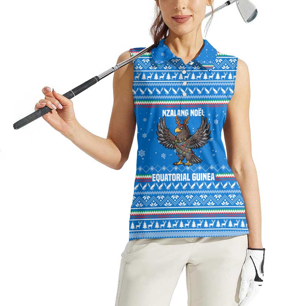 Equatorial Guinea Christmas Women Sleeveless Polo Shirt with Nzalang Noel Eagle Flag Snowflakes and Blue Holiday - Wonder Print Shop