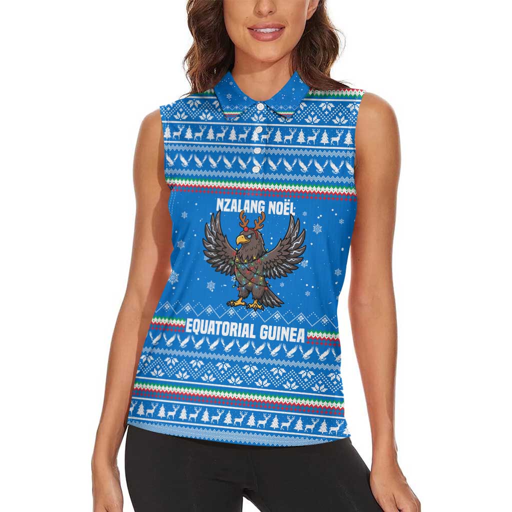 Equatorial Guinea Christmas Women Sleeveless Polo Shirt with Nzalang Noel Eagle Flag Snowflakes and Blue Holiday - Wonder Print Shop
