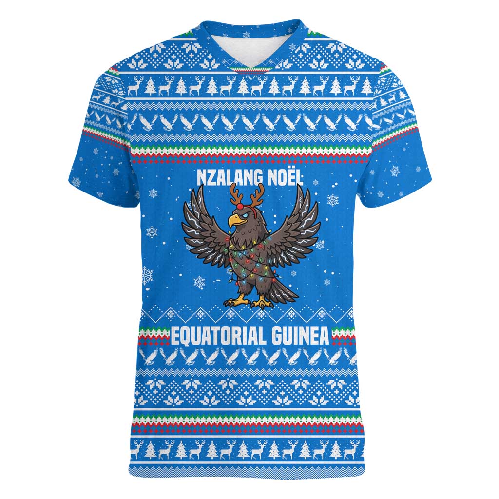 Equatorial Guinea Christmas Women V-Neck T-Shirt with Nzalang Noel Eagle Flag Snowflakes and Blue Holiday - Wonder Print Shop