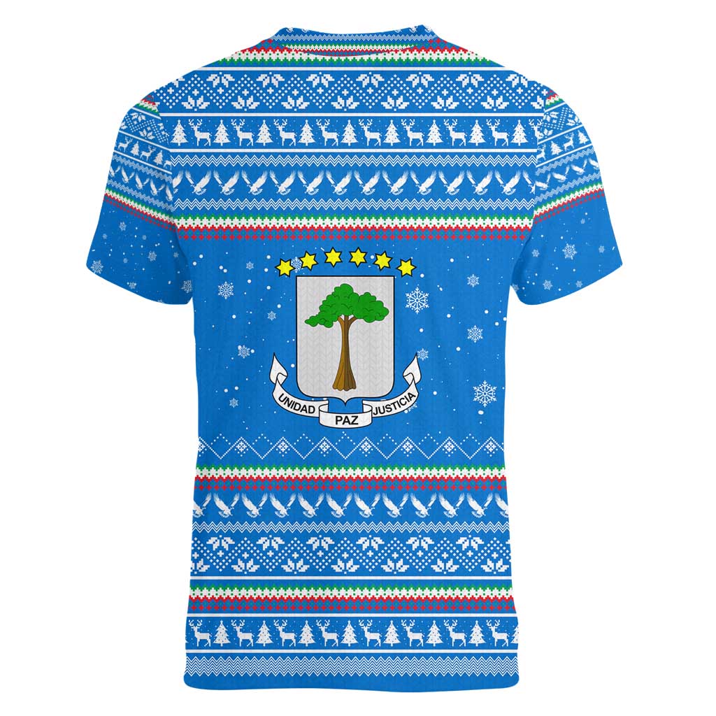 Equatorial Guinea Christmas Women V-Neck T-Shirt with Nzalang Noel Eagle Flag Snowflakes and Blue Holiday - Wonder Print Shop