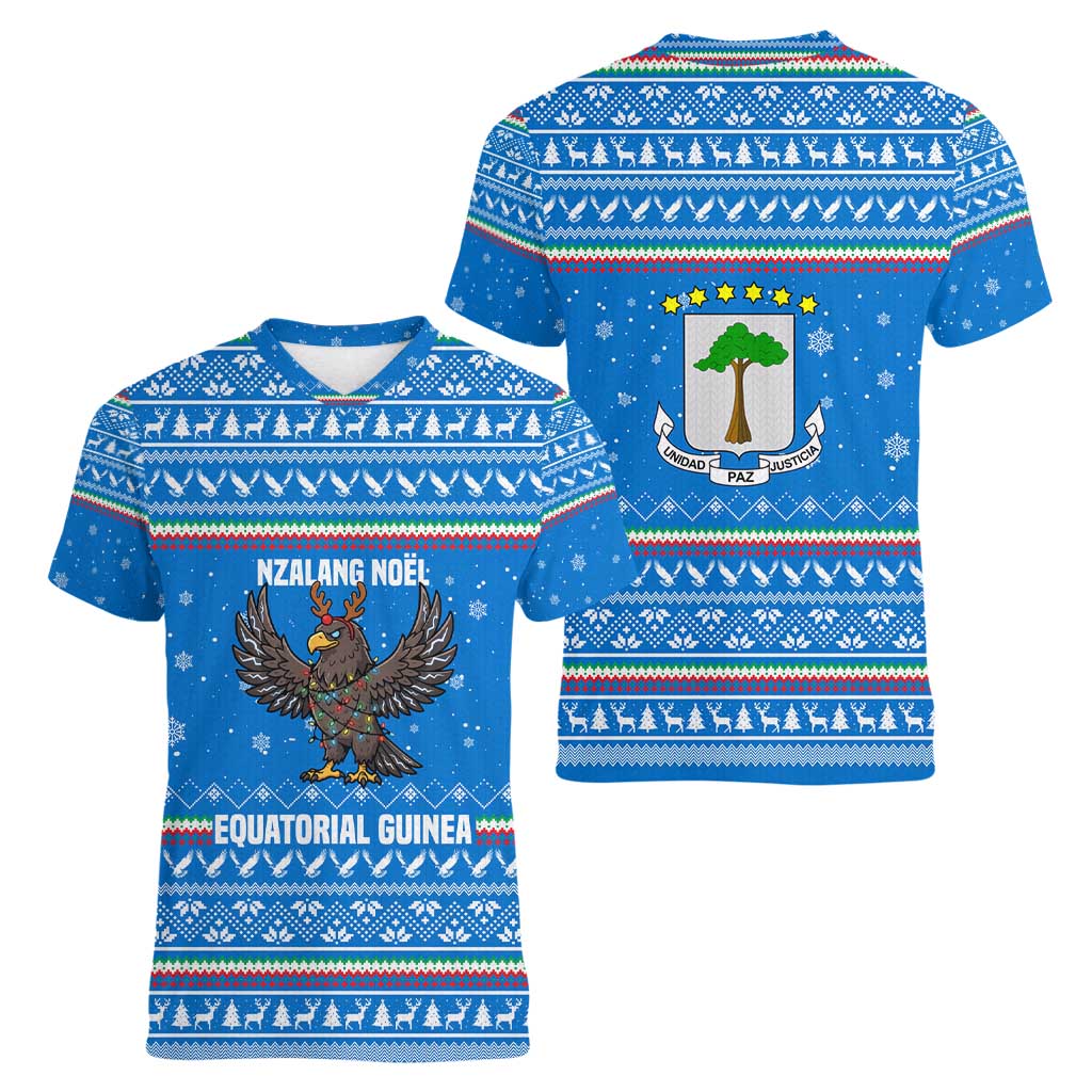 Equatorial Guinea Christmas Women V-Neck T-Shirt with Nzalang Noel Eagle Flag Snowflakes and Blue Holiday - Wonder Print Shop