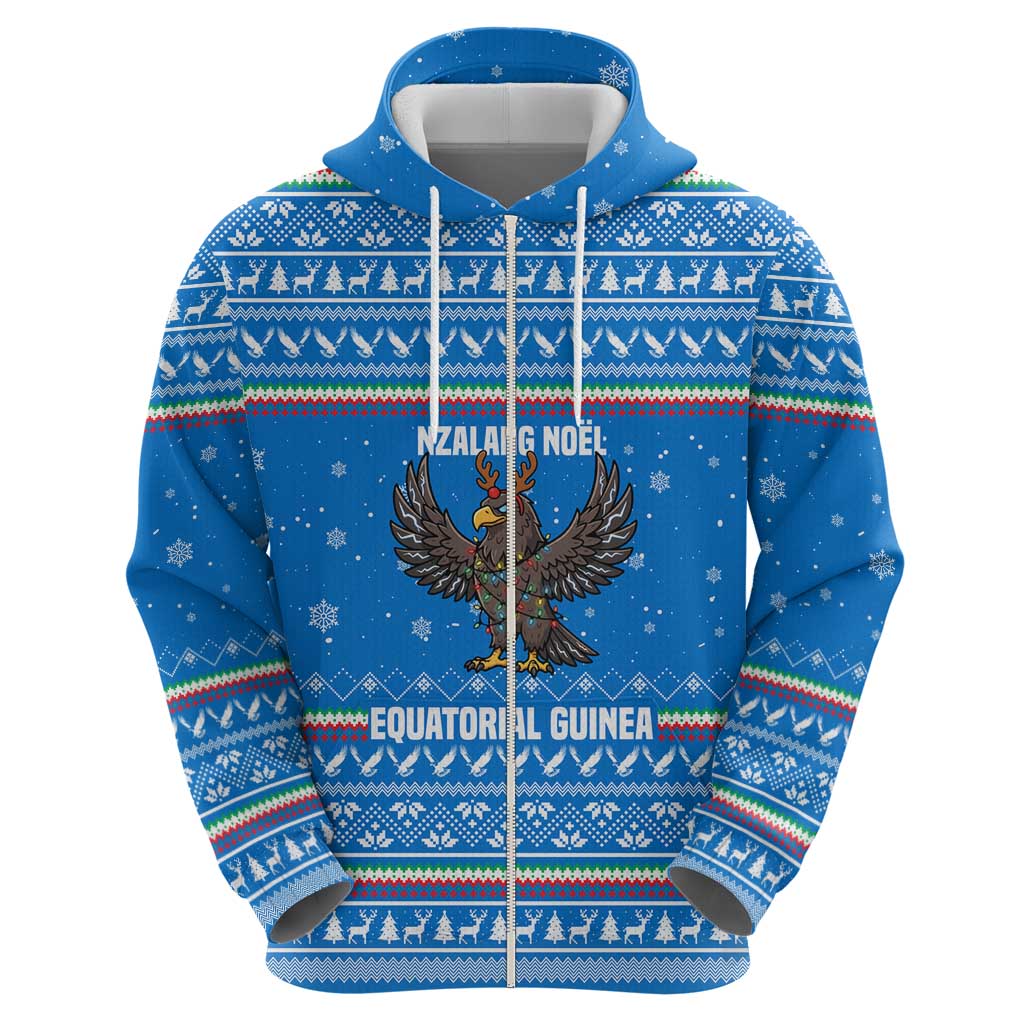Equatorial Guinea Christmas Zip Hoodie with Nzalang Noel Eagle Flag Snowflakes and Blue Holiday - Wonder Print Shop