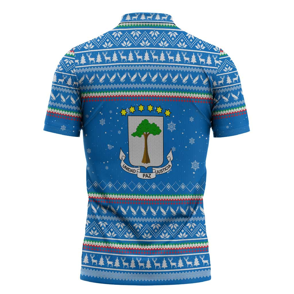 Equatorial Guinea Christmas Zipper Polo Shirt with Nzalang Noel Eagle Flag Snowflakes and Blue Holiday - Wonder Print Shop