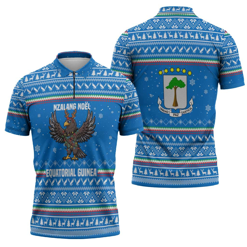 Equatorial Guinea Christmas Zipper Polo Shirt with Nzalang Noel Eagle Flag Snowflakes and Blue Holiday - Wonder Print Shop