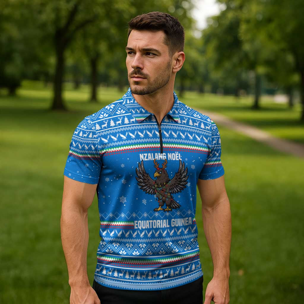 Equatorial Guinea Christmas Zipper Polo Shirt with Nzalang Noel Eagle Flag Snowflakes and Blue Holiday - Wonder Print Shop