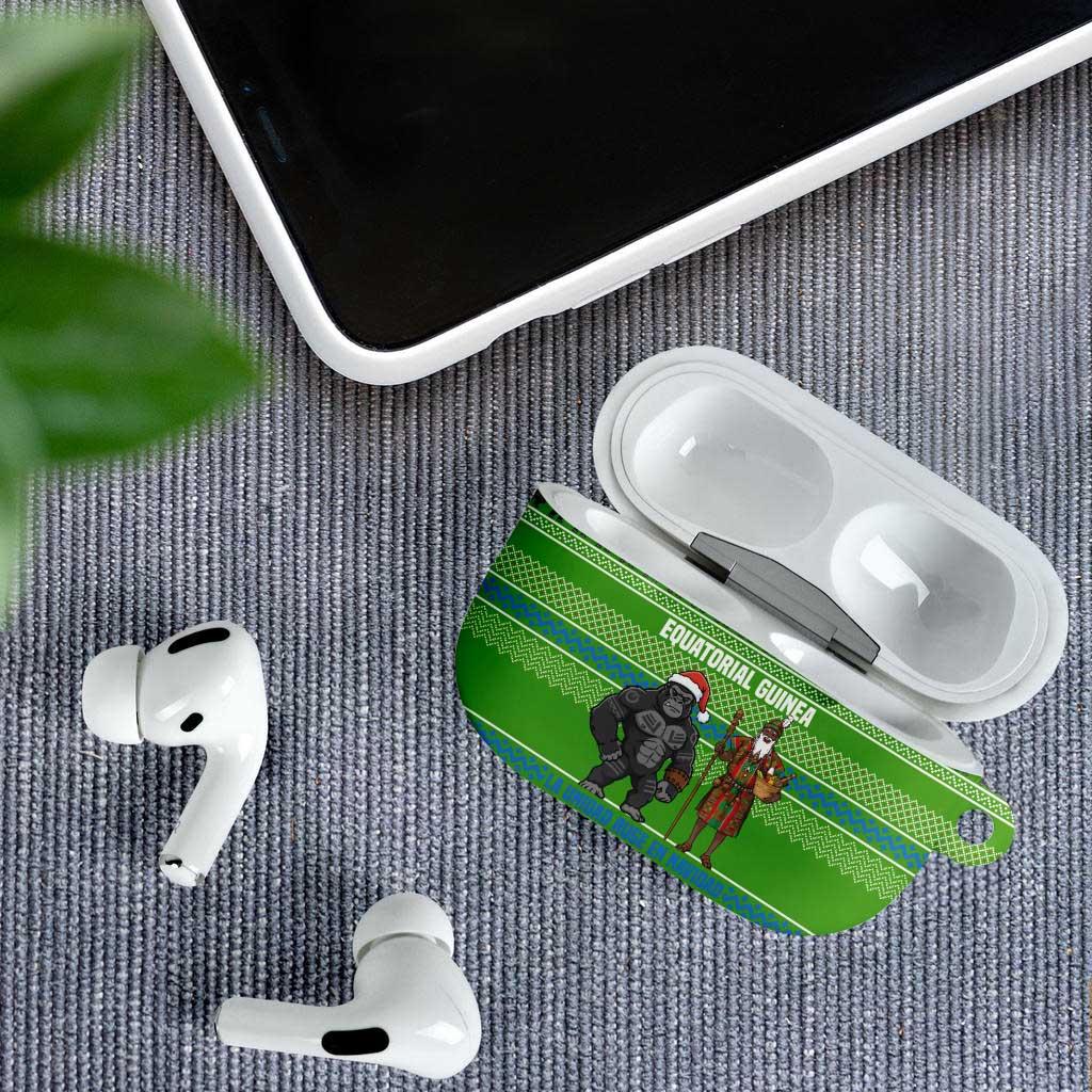 Equatorial Guinea Christmas AirPods Case with Santa Gorilla Gift Basket and Green Holiday Pattern Design - Wonder Print Shop