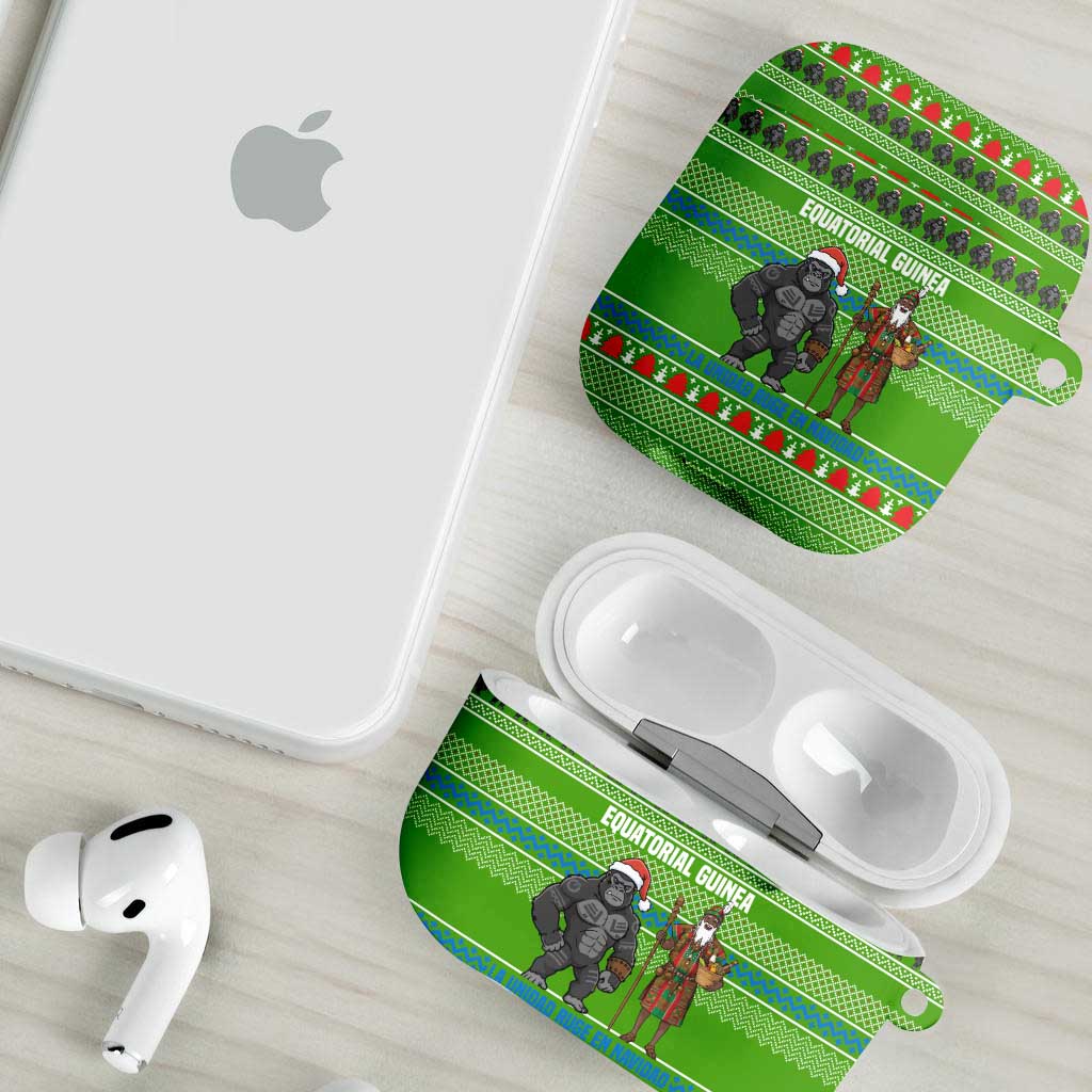 Equatorial Guinea Christmas AirPods Case with Santa Gorilla Gift Basket and Green Holiday Pattern Design - Wonder Print Shop