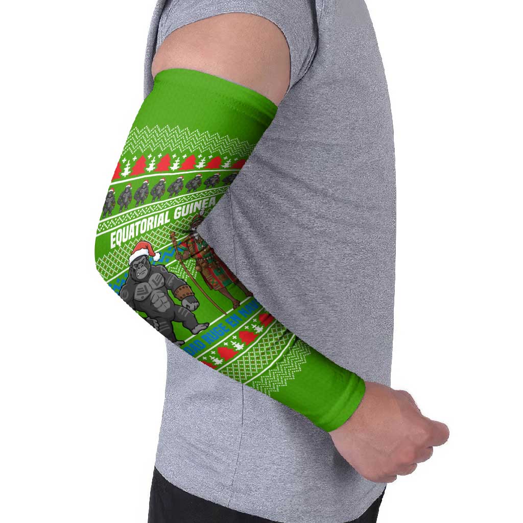 Equatorial Guinea Christmas Arm Sleeves with Santa Gorilla Gift Basket and Green Holiday Pattern Design - Wonder Print Shop