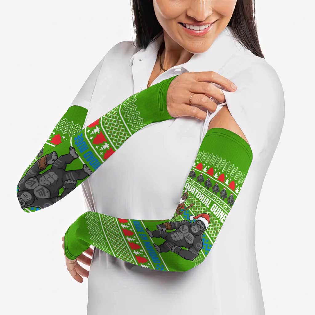 Equatorial Guinea Christmas Arm Sleeves with Santa Gorilla Gift Basket and Green Holiday Pattern Design - Wonder Print Shop