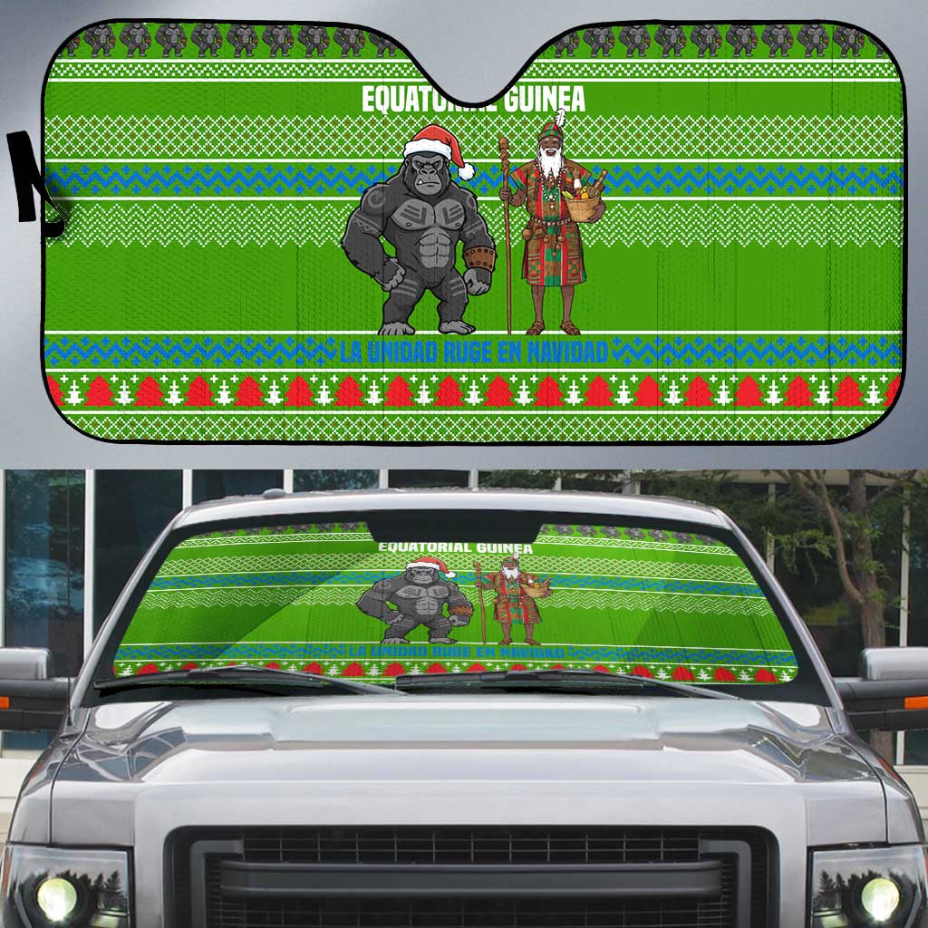 Equatorial Guinea Christmas Auto Sun Shade with Santa Gorilla Gift Basket and Green Holiday Pattern Design - Wonder Print Shop