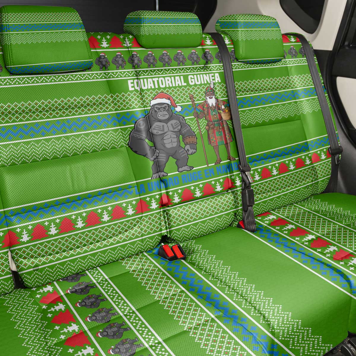 Equatorial Guinea Christmas Back Car Seat Cover with Santa Gorilla Gift Basket and Green Holiday Pattern Design - Wonder Print Shop