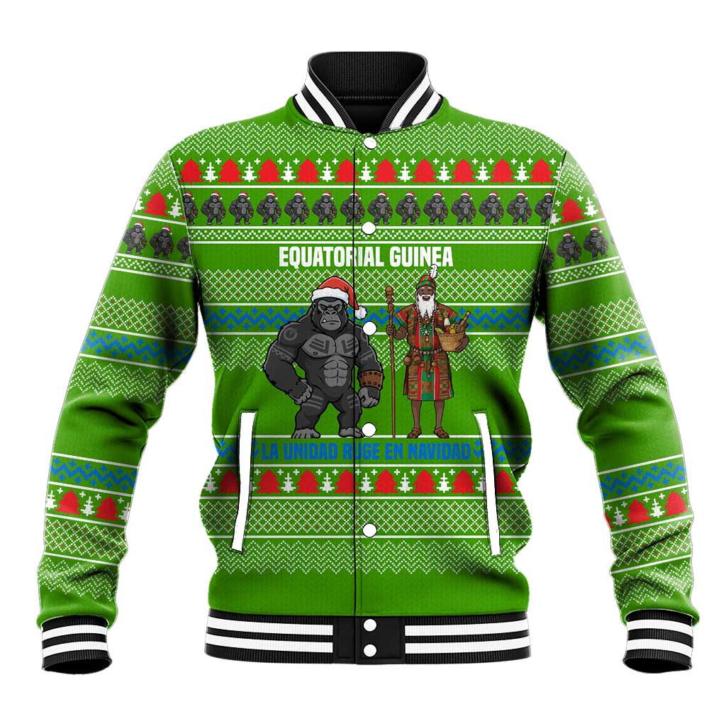 Equatorial Guinea Christmas Baseball Jacket with Santa Gorilla Gift Basket and Green Holiday Pattern Design - Wonder Print Shop