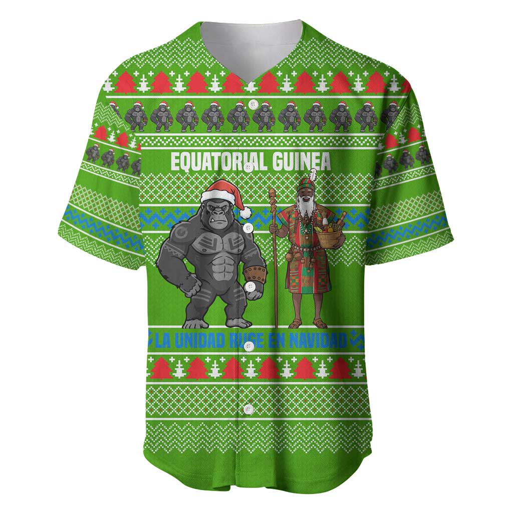 Equatorial Guinea Christmas Baseball Jersey with Santa Gorilla Gift Basket and Green Holiday Pattern Design - Wonder Print Shop