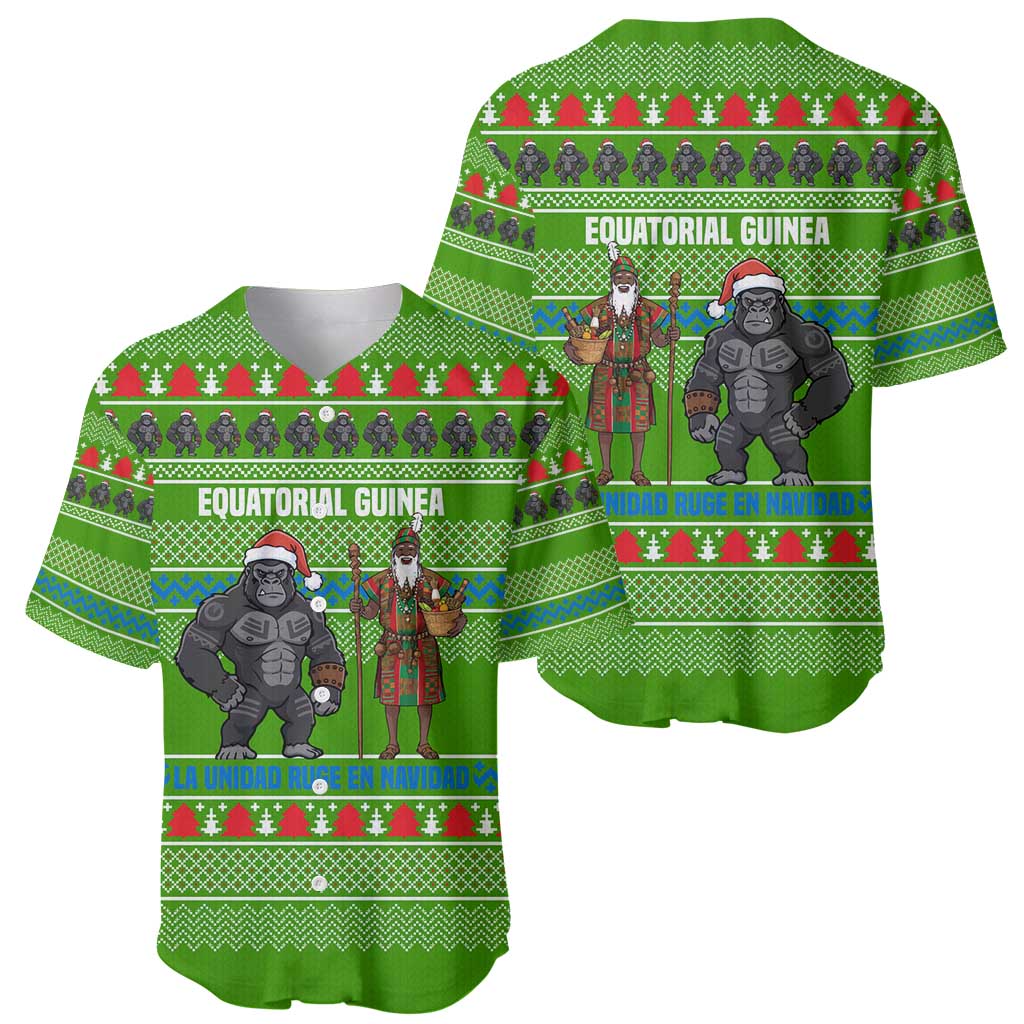 Equatorial Guinea Christmas Baseball Jersey with Santa Gorilla Gift Basket and Green Holiday Pattern Design - Wonder Print Shop
