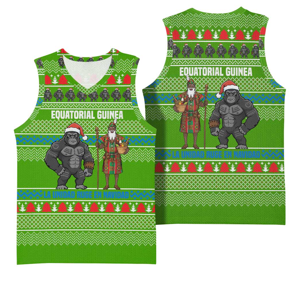 Equatorial Guinea Christmas Basketball Jersey with Santa Gorilla Gift Basket and Green Holiday Pattern Design - Wonder Print Shop