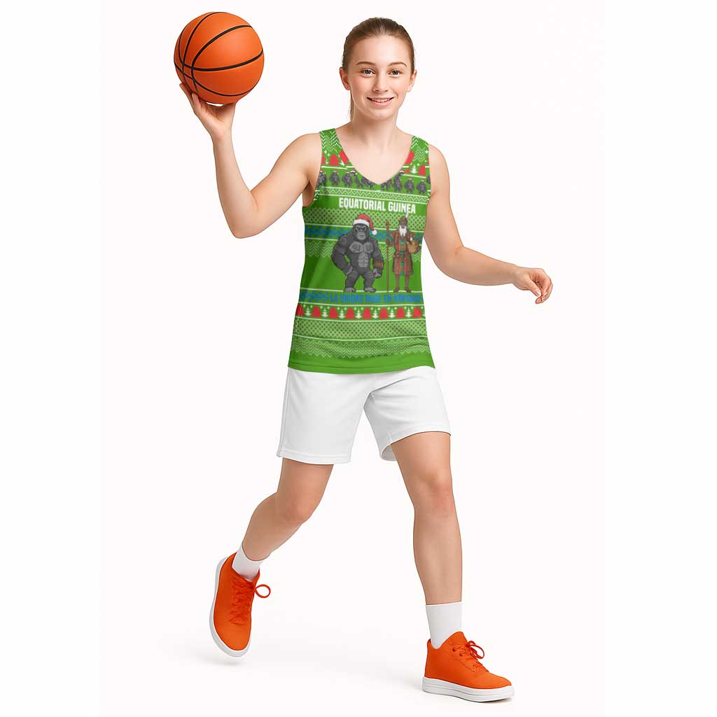 Equatorial Guinea Christmas Basketball Jersey with Santa Gorilla Gift Basket and Green Holiday Pattern Design - Wonder Print Shop