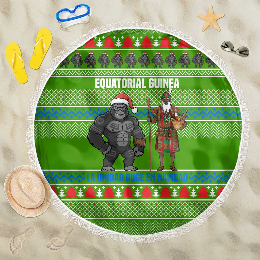Equatorial Guinea Christmas Beach Blanket with Santa Gorilla Gift Basket and Green Holiday Pattern Design - Wonder Print Shop