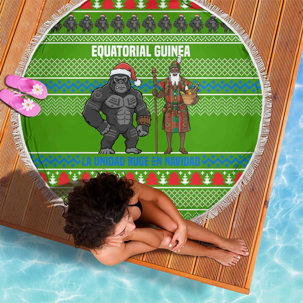 Equatorial Guinea Christmas Beach Blanket with Santa Gorilla Gift Basket and Green Holiday Pattern Design - Wonder Print Shop