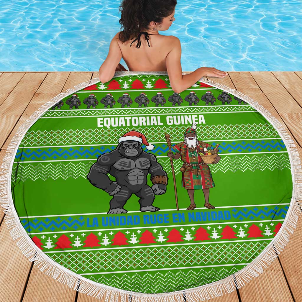 Equatorial Guinea Christmas Beach Blanket with Santa Gorilla Gift Basket and Green Holiday Pattern Design - Wonder Print Shop