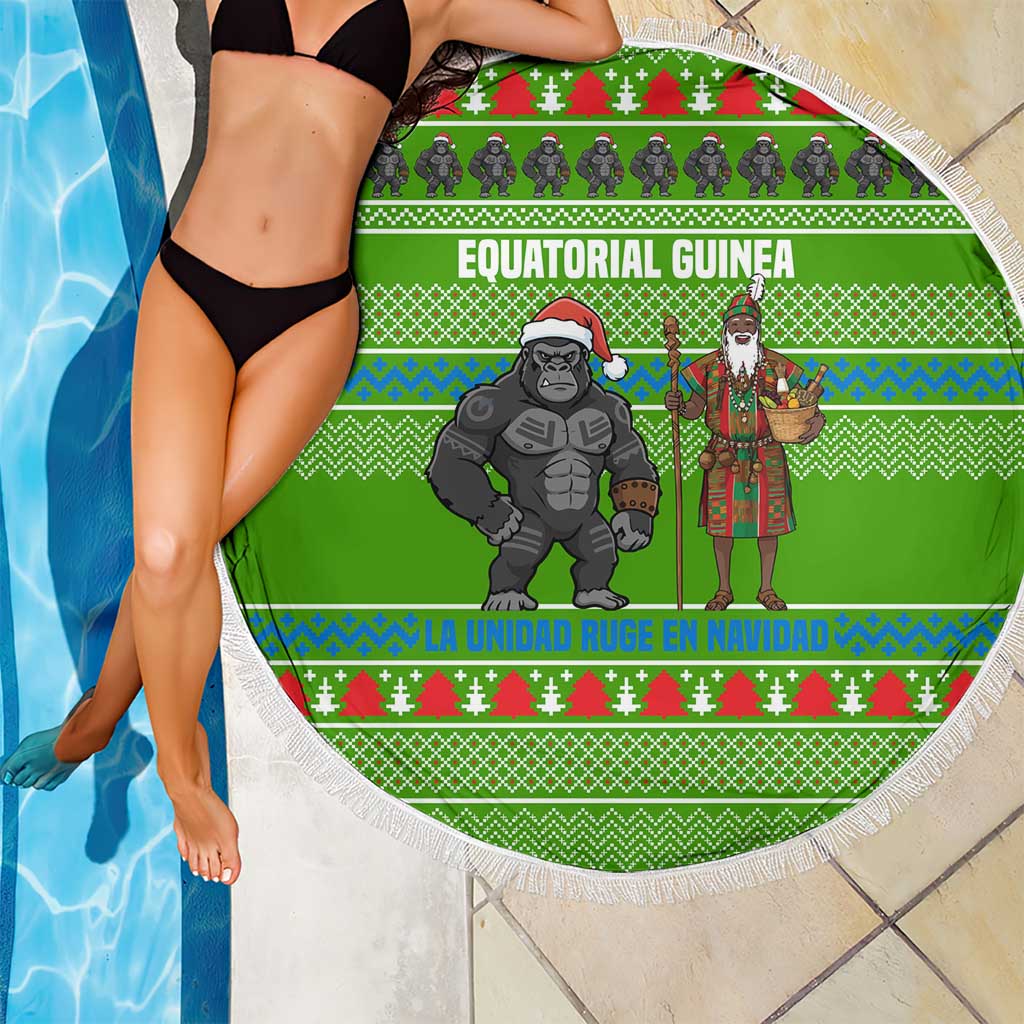 Equatorial Guinea Christmas Beach Blanket with Santa Gorilla Gift Basket and Green Holiday Pattern Design - Wonder Print Shop