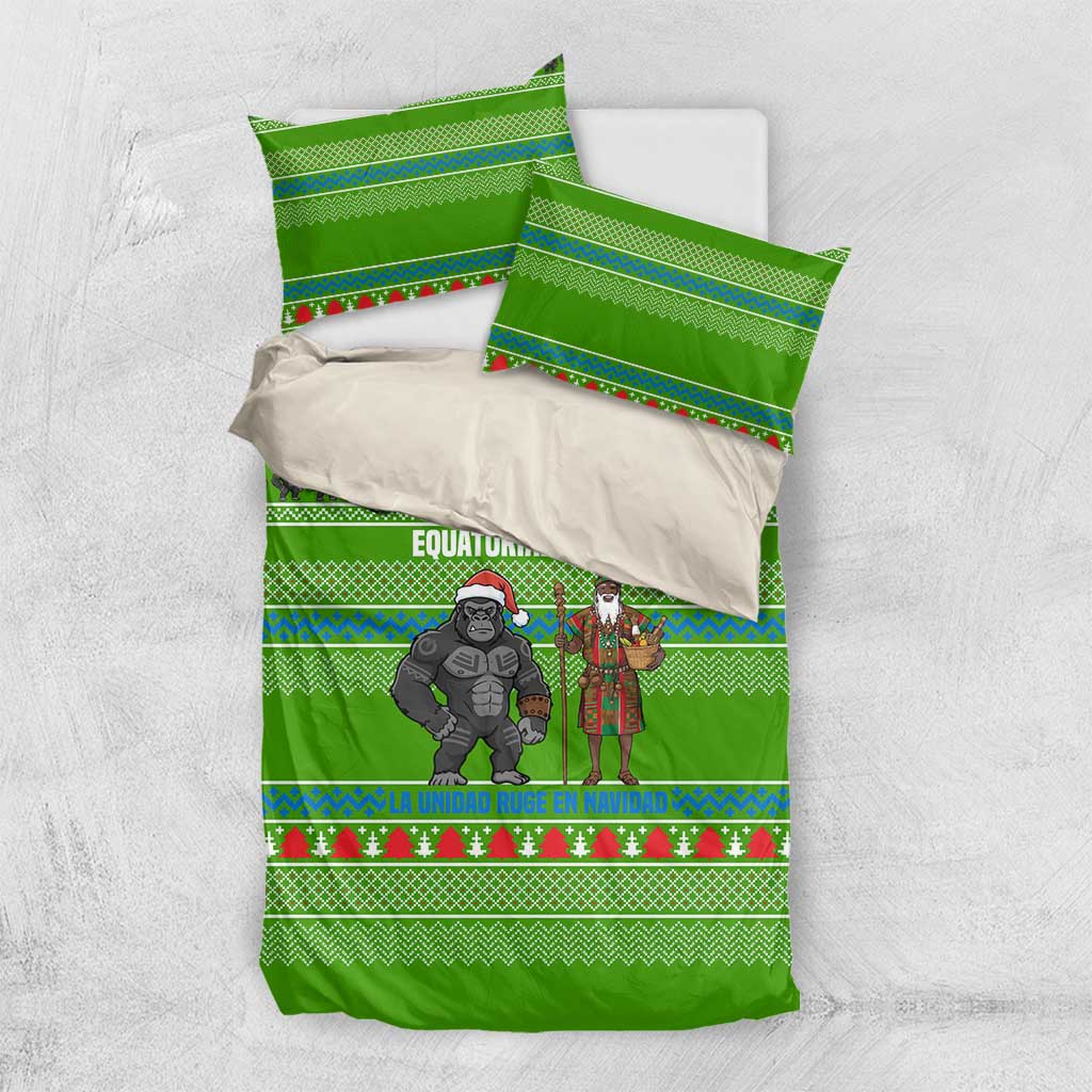 Equatorial Guinea Christmas Bedding Set with Santa Gorilla Gift Basket and Green Holiday Pattern Design - Wonder Print Shop