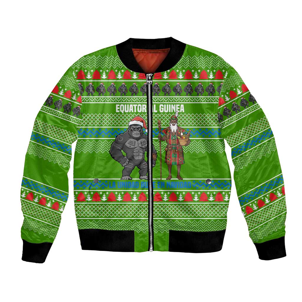 Equatorial Guinea Christmas Bomber Jacket with Santa Gorilla Gift Basket and Green Holiday Pattern Design - Wonder Print Shop