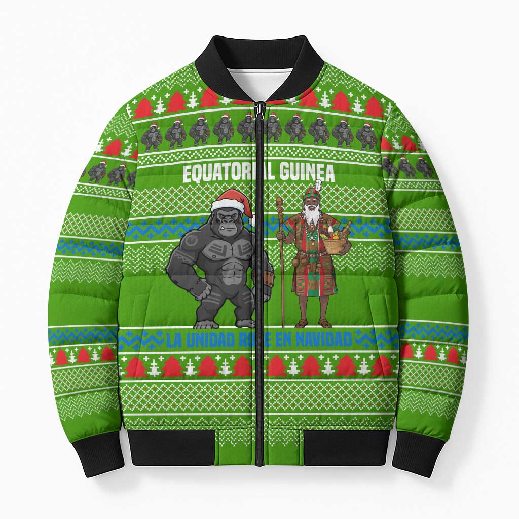 Equatorial Guinea Christmas Bomber Puffer Jacket with Santa Gorilla Gift Basket and Green Holiday Pattern Design - Wonder Print Shop