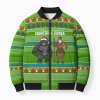 Equatorial Guinea Christmas Bomber Puffer Jacket with Santa Gorilla Gift Basket and Green Holiday Pattern Design - Wonder Print Shop