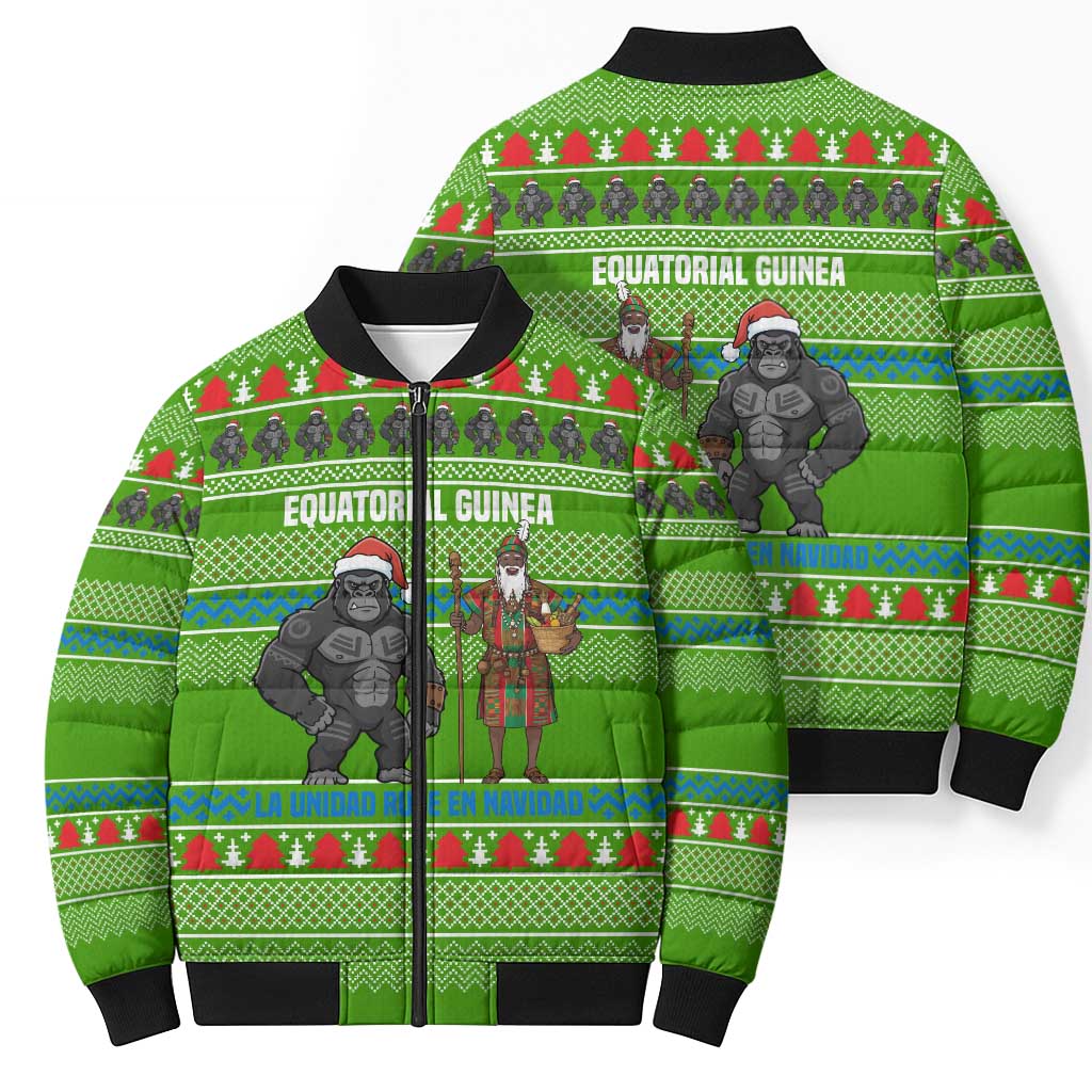Equatorial Guinea Christmas Bomber Puffer Jacket with Santa Gorilla Gift Basket and Green Holiday Pattern Design - Wonder Print Shop