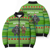 Equatorial Guinea Christmas Bomber Puffer Jacket with Santa Gorilla Gift Basket and Green Holiday Pattern Design - Wonder Print Shop