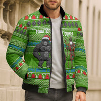 Equatorial Guinea Christmas Bomber Puffer Jacket with Santa Gorilla Gift Basket and Green Holiday Pattern Design - Wonder Print Shop