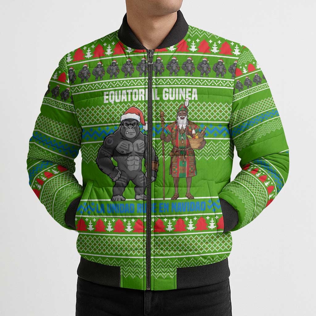 Equatorial Guinea Christmas Bomber Puffer Jacket with Santa Gorilla Gift Basket and Green Holiday Pattern Design - Wonder Print Shop