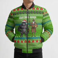 Equatorial Guinea Christmas Bomber Puffer Jacket with Santa Gorilla Gift Basket and Green Holiday Pattern Design - Wonder Print Shop
