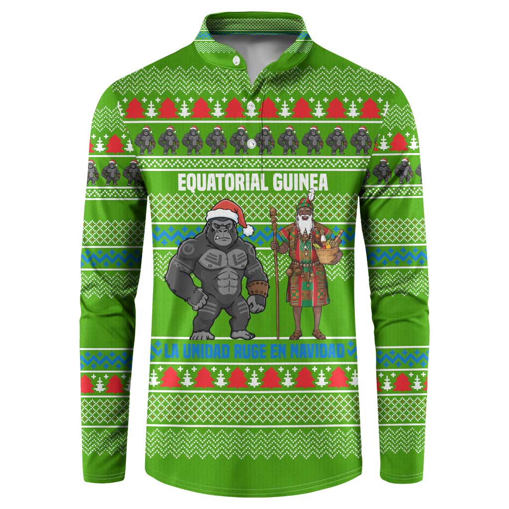 Equatorial Guinea Christmas Button Sweatshirt with Santa Gorilla Gift Basket and Green Holiday Pattern Design - Wonder Print Shop
