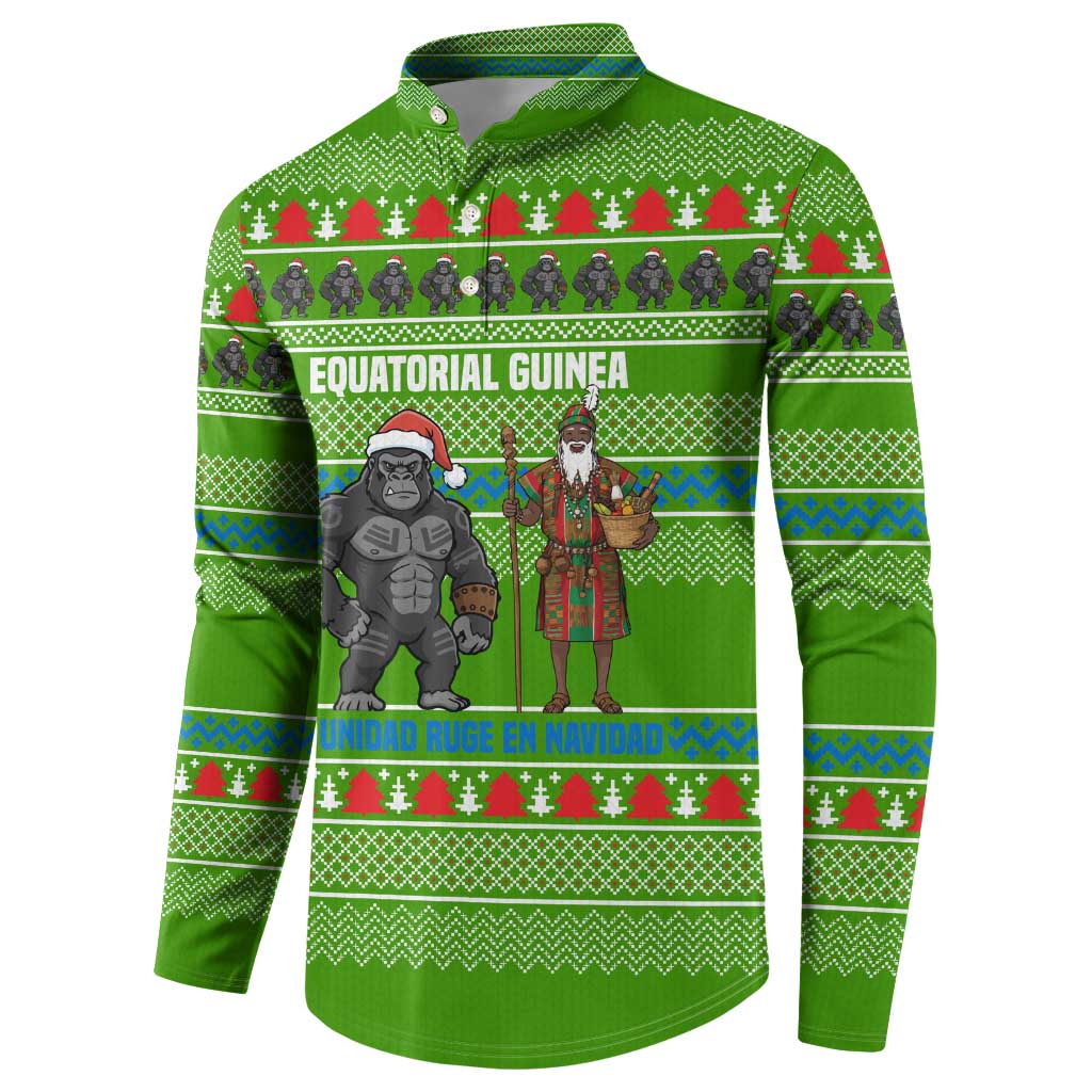Equatorial Guinea Christmas Button Sweatshirt with Santa Gorilla Gift Basket and Green Holiday Pattern Design - Wonder Print Shop